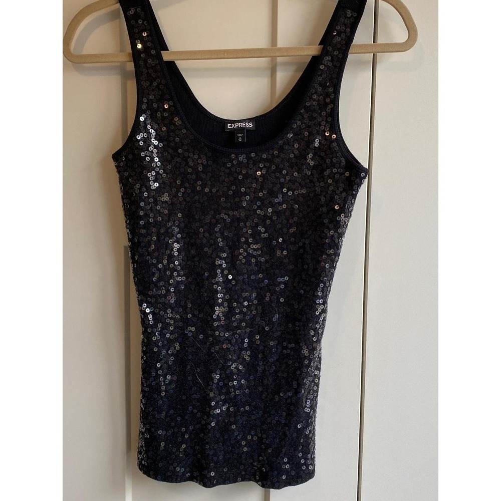 Express Top Sequin Cami Black Tank Medium Whimsigoth Bling Y2K Going Out Shirt